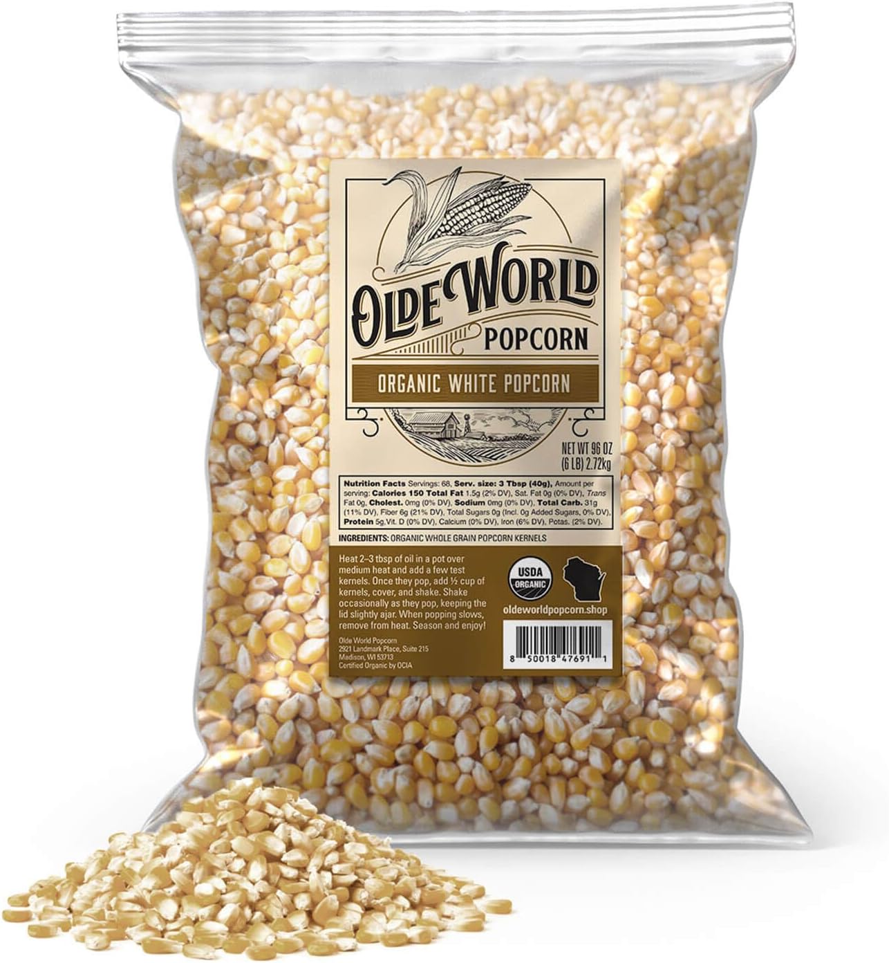 Organic White Popcorn Kernels 6 lb Bag, Non-GMO & Gluten Free, Sodium-Free, Pesticide-Free, Unsalted, Plant-Based, Sugar-Free, Old Fashioned Regenerative-Farmed Large Popcorn From Olde World Popcorn