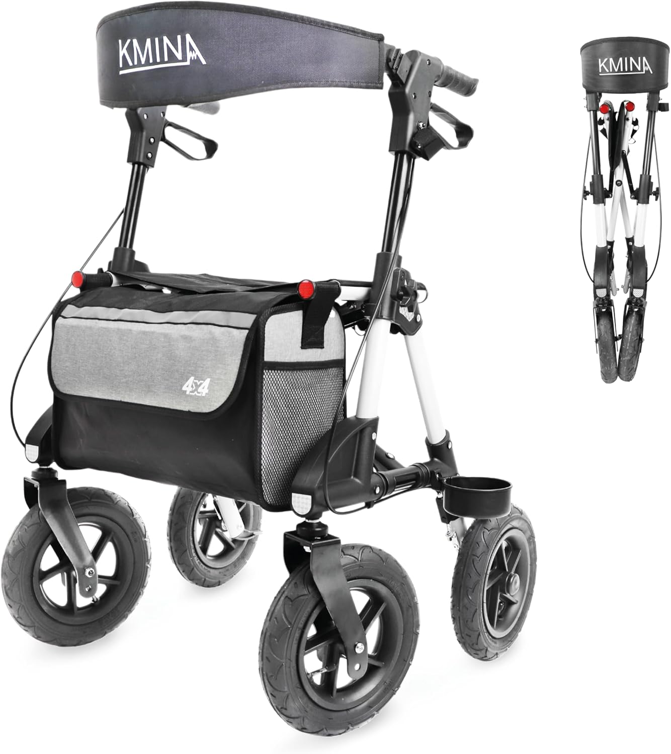 KMINA Heavy-Duty Rollator Walker with Seat (Sturdy Frame), All Terrain Large 10" Pneumatic Tires, Height Adjustable, Foldable with Basket
