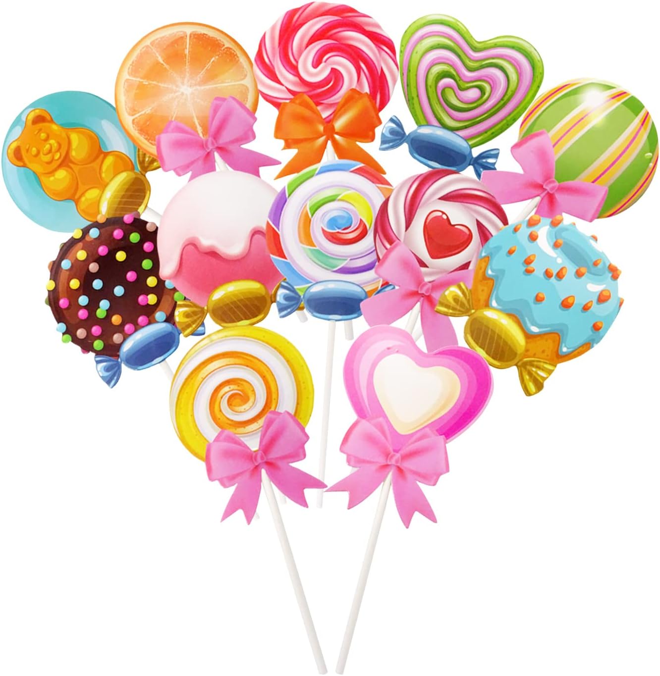 yueton 24PCS Candyland Cupcake Toppers Lifelike Lollipop Candy Ice Cream Cake Toppers Cute Sweet Cupcake Decorations for Candyland Theme Birthday Party Baby Shower Wedding Christmas