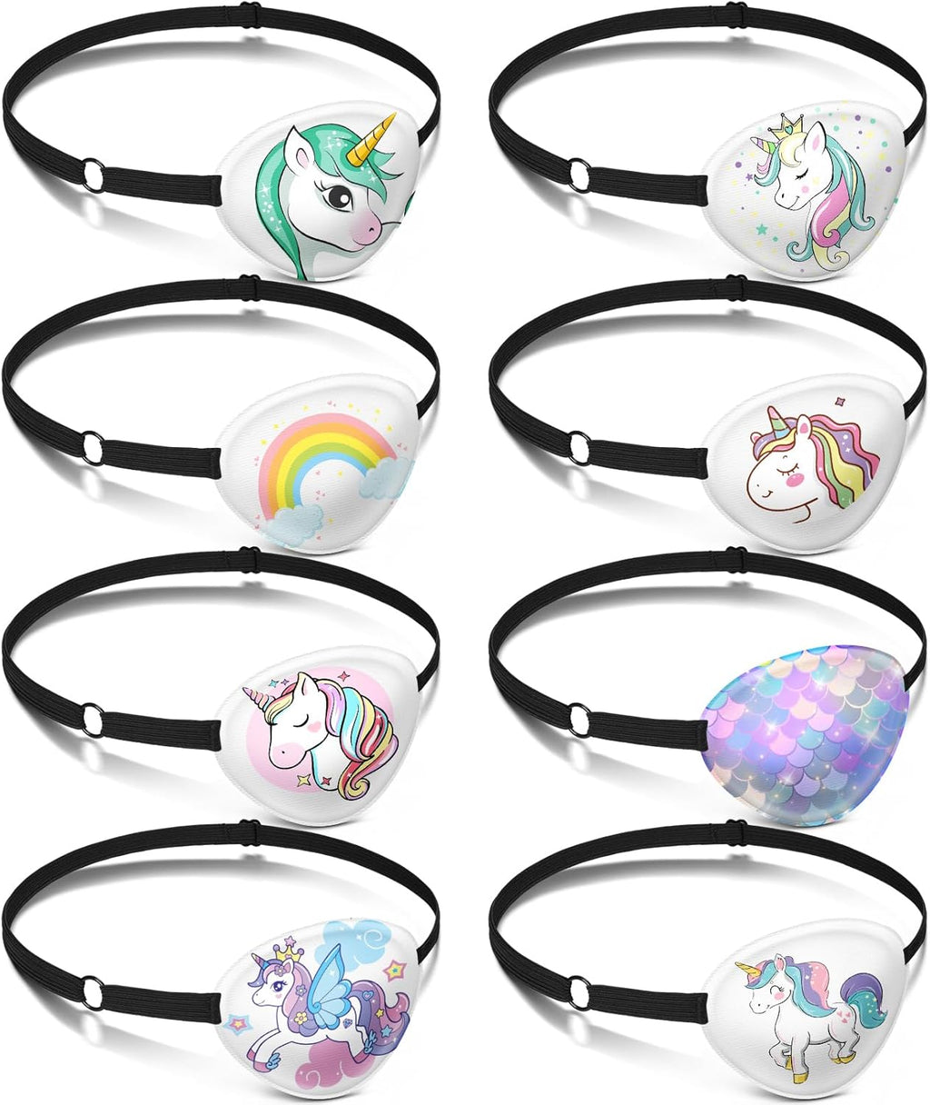 Eurzom 8 Pcs Unicorn Style Fabric Eye Patches for Kids, Adjustable Single Eye Patch with Elastic Strap, Reusable, Various Patterns, Halloween, Party, One Size, Hairband, Children, Unisex, 8 Count