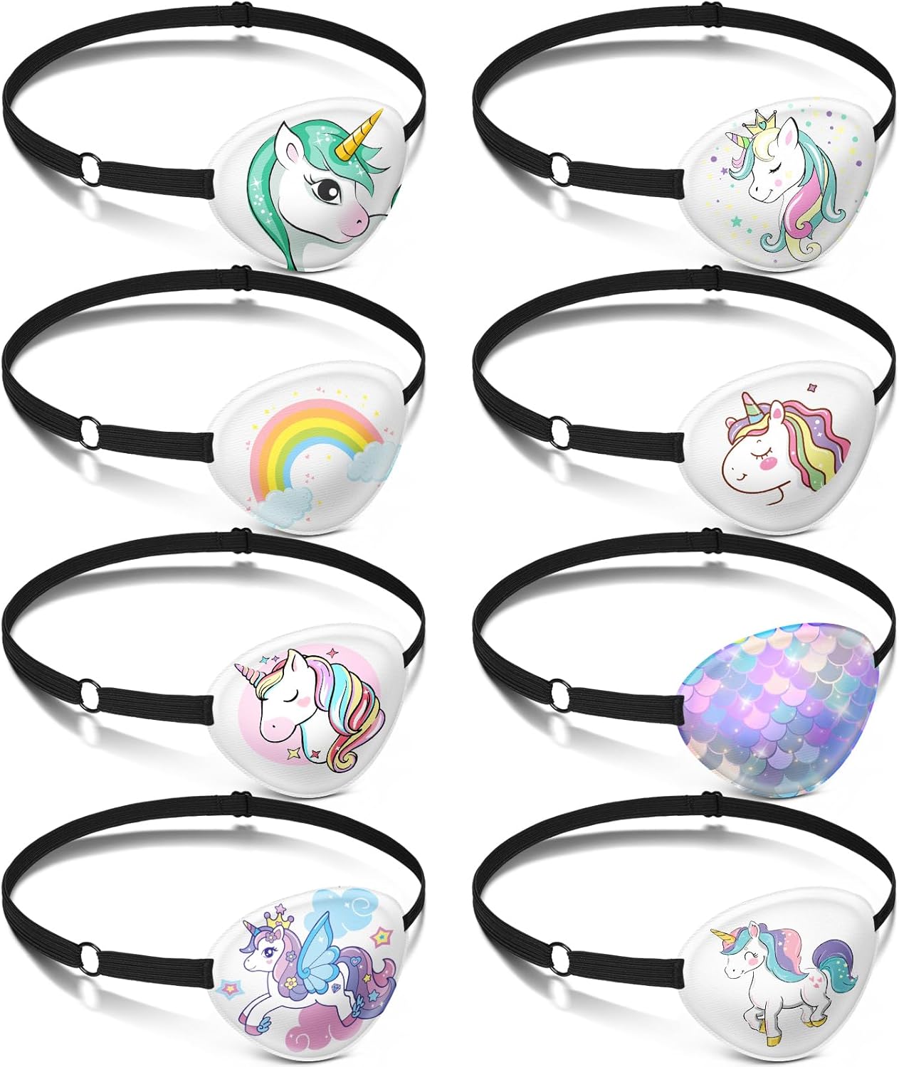 Eurzom 8 Pcs Unicorn Style Fabric Eye Patches for Kids, Adjustable Single Eye Patch with Elastic Strap, Reusable, Various Patterns, Halloween, Party, One Size, Hairband, Children, Unisex, 8 Count