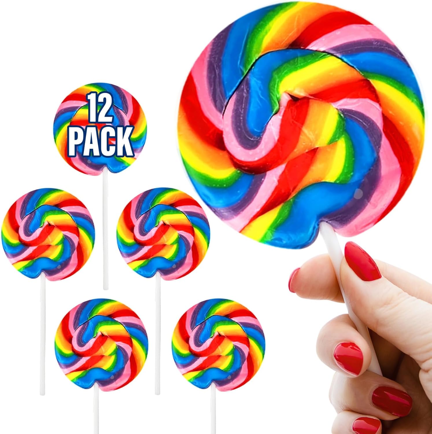 12 Large Swirl Lollipops, Rainbow, 3-Inch Suckers, Great Party Favors Holliday Decoration, Carnival Lollipos Great For Thanksgiving Sweet Treats