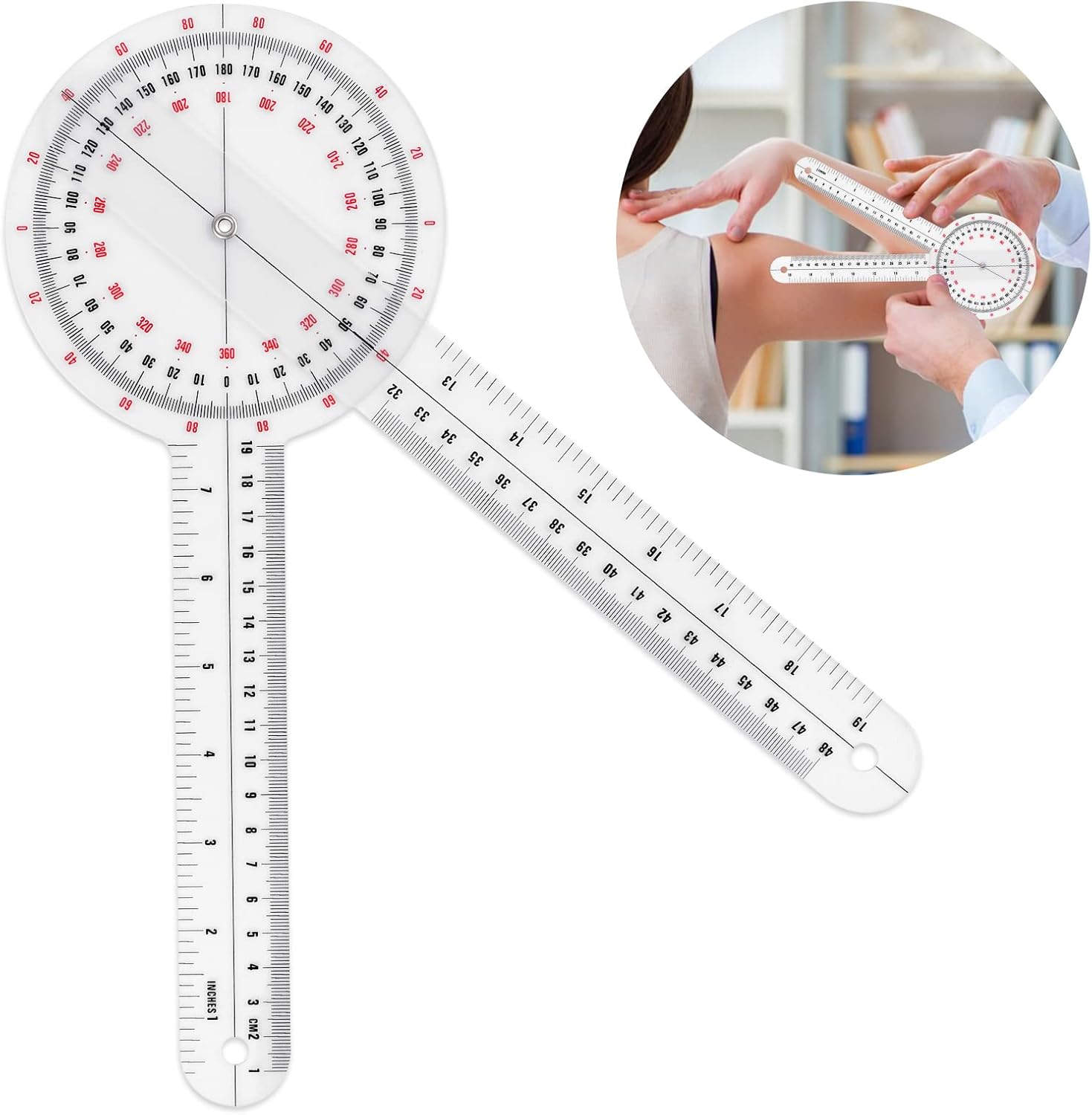 Prasacco 12 Inch Goniometer, Transparent Orthopedic Angle Ruler Plastic Goniometer 360 Degree Goniometer Angle Protractor Goniometer for Body Measuring Tape Goniometer Protractor Ruler
