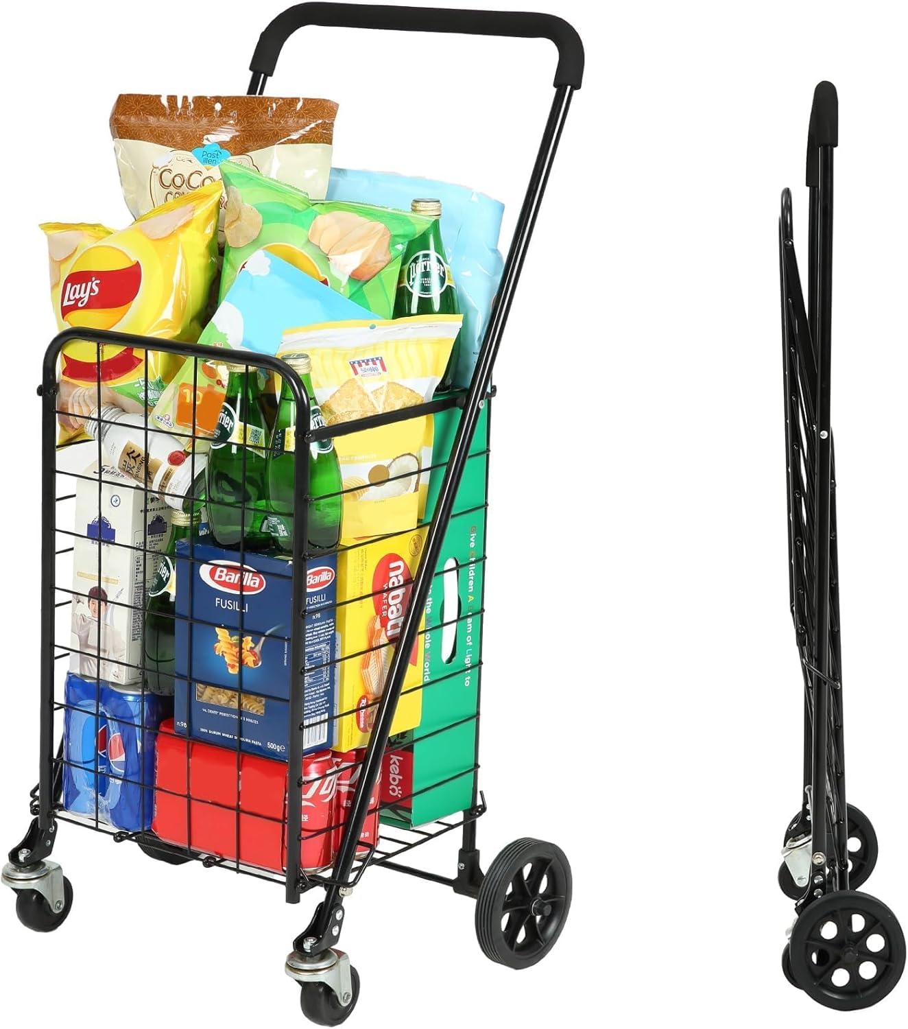 Foldable Shopping Cart with 360° Wheels, Collapsible & Lightweight Utility Cart for Groceries, Laundry, Travel, All-Purpose Rolling Trolley with Comfort Grip (Black, Small)