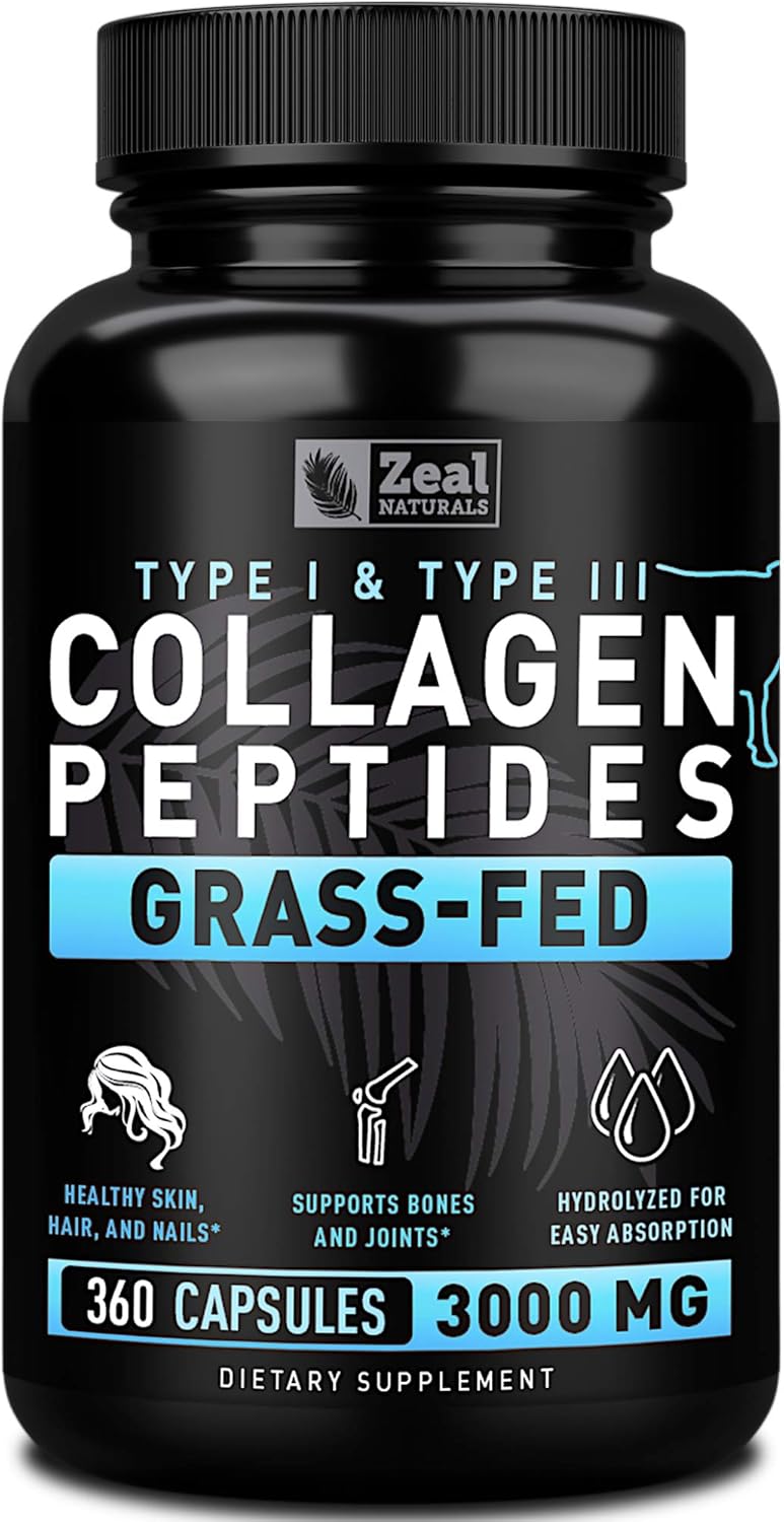 Collagen Peptides Capsules 360 Count - Grass Fed Bovine Hydrolyzed Collagen Pills - Hair, Skin & Nails, Joint Support - Collagen Supplements for Women & Men