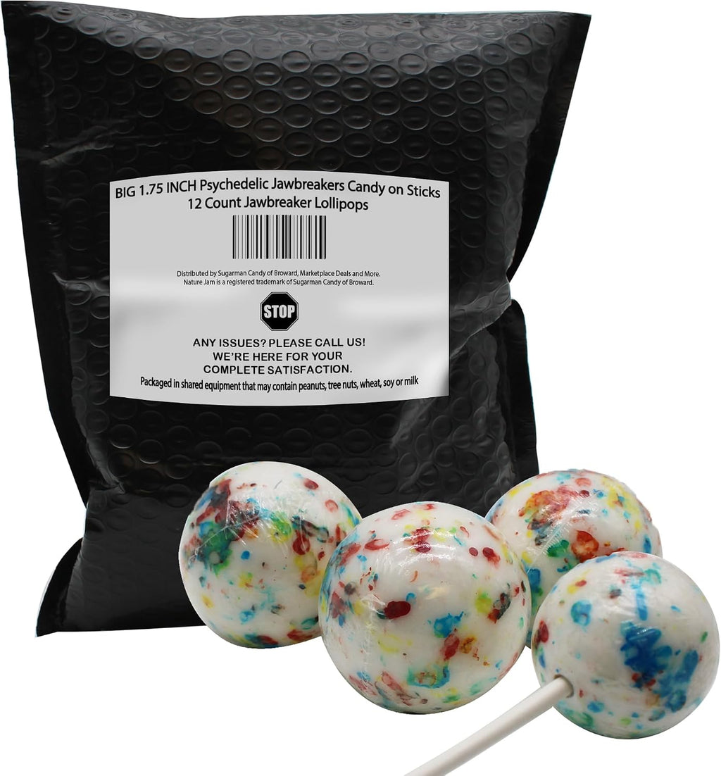 BIG 1.75 INCH Psychedelic Jawbreakers Candy on Sticks 12 Count- Jawbreaker Lollipops-Hard As A Rock