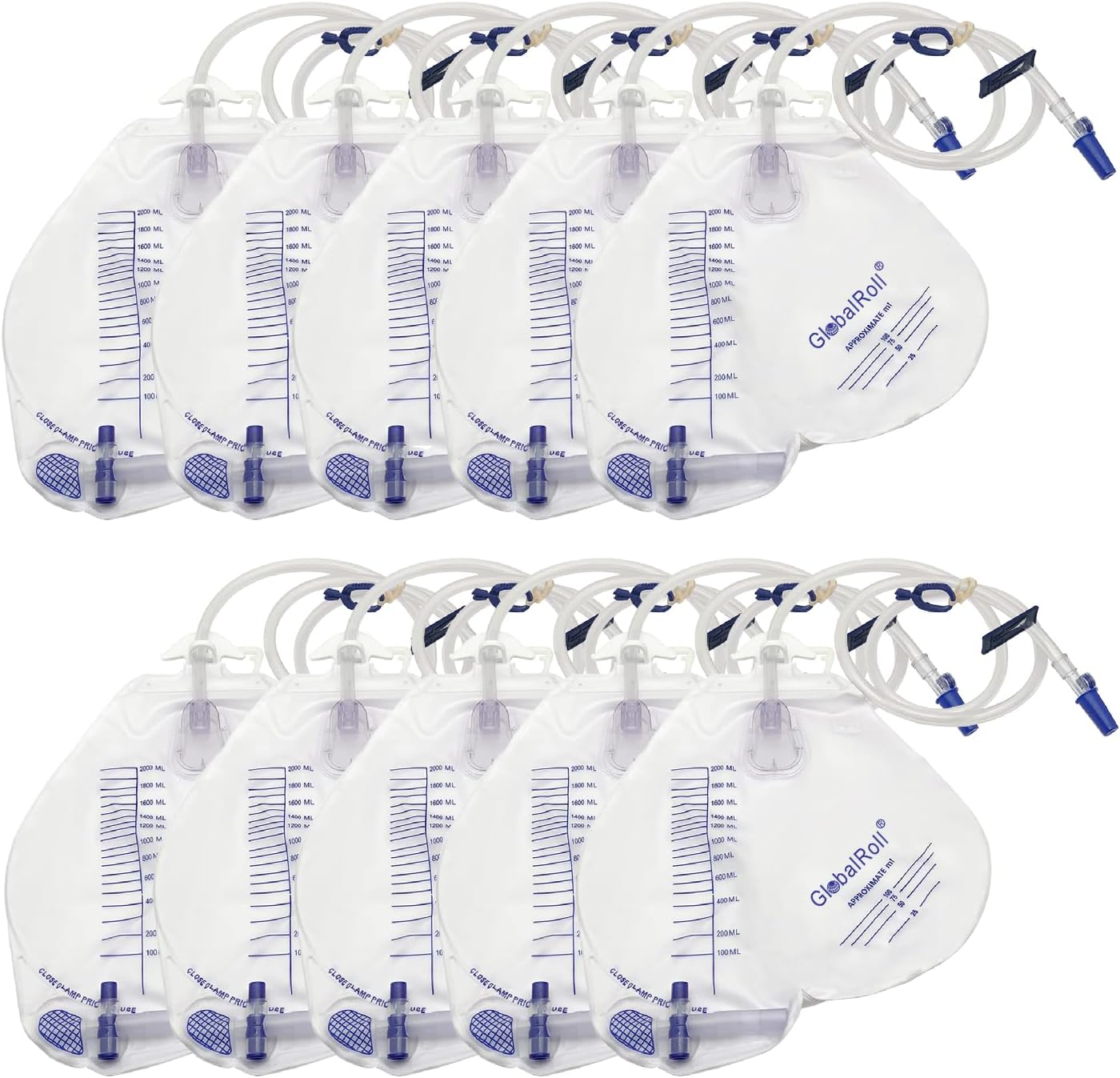 Urinary Drainage Bag with Anti-Reflux Chamber, Urine Bag with 2000 mL Volume, 48" Drainage Tube, Clips and Hanging Hook, Professional Urinary Bag for Home and Hospitals Health Aids,10 Pack