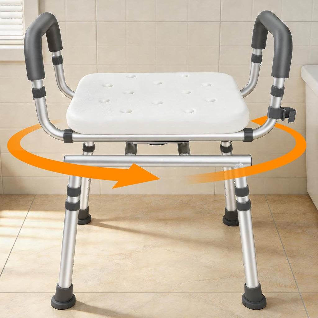 360° Swivel Shower Chair with Arms, Heavy-Duty Shower Stool for Inside Shower Stall and Tub, Safety Height Adjustable Shower Seat for Elderly and Disabled