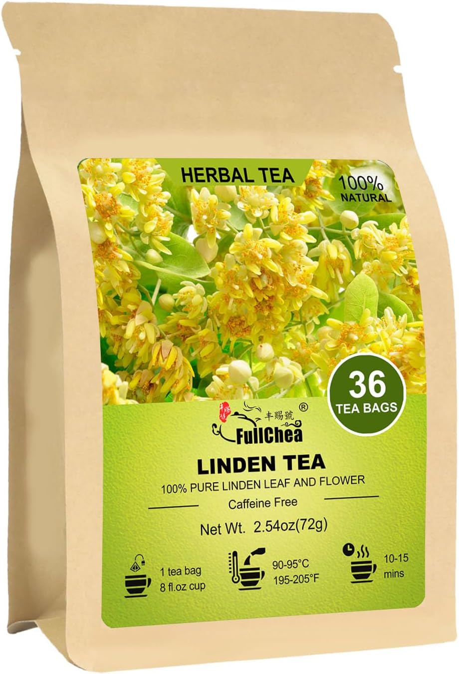 FullChea - Linden Tea, 36 Teabags, Linden Leaf and Flower - Natural Tilo Tea - Non-GMO - Caffeine-free - Support Respiratory & Boost Immune System