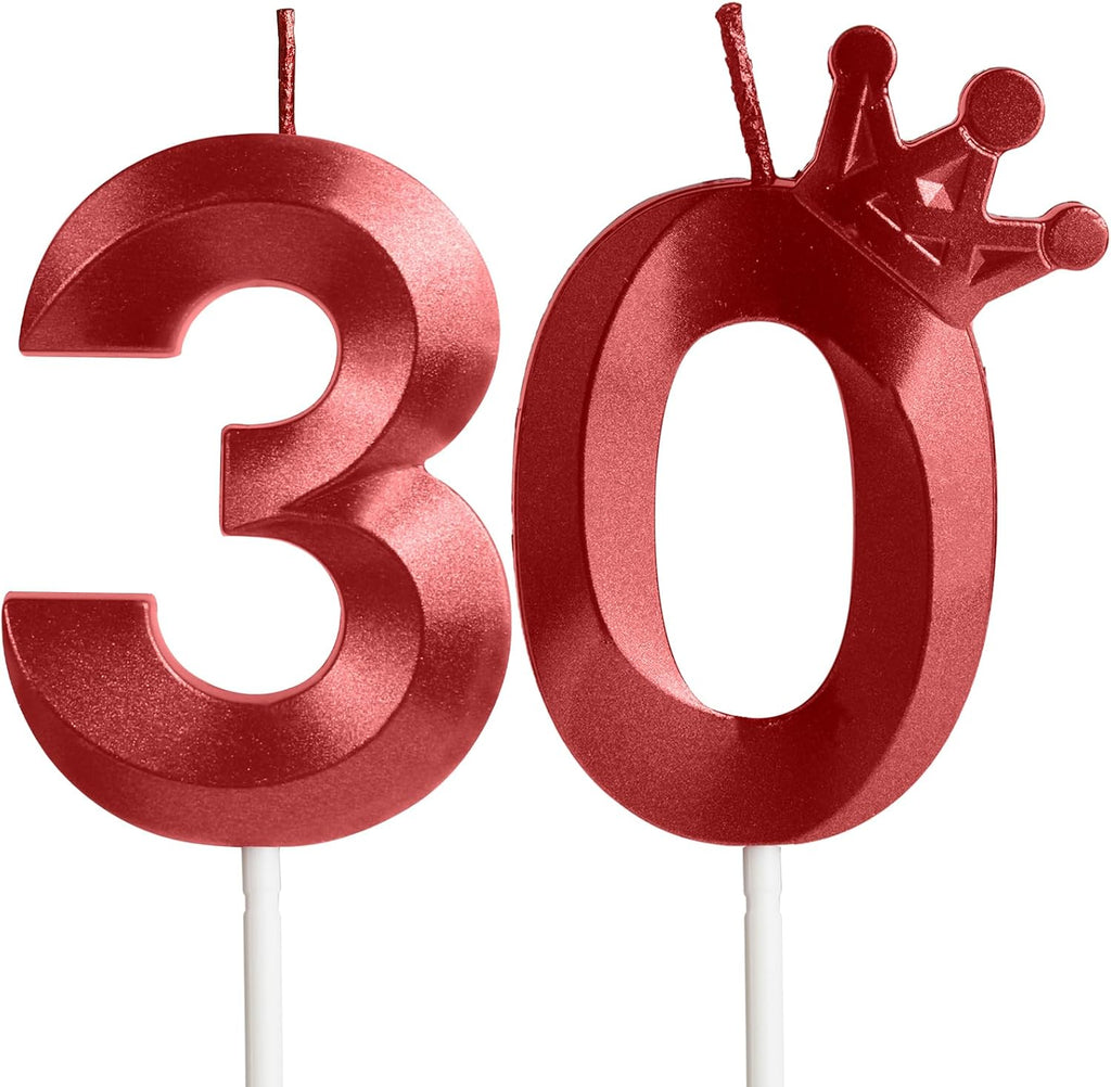 30th Birthday Candles for Cake, Number 30 Red Candles with Crown, 3D Design Birthday Cake Topper for Women Men Birthday Party Wedding Anniversary Celebration Decorations Supplies