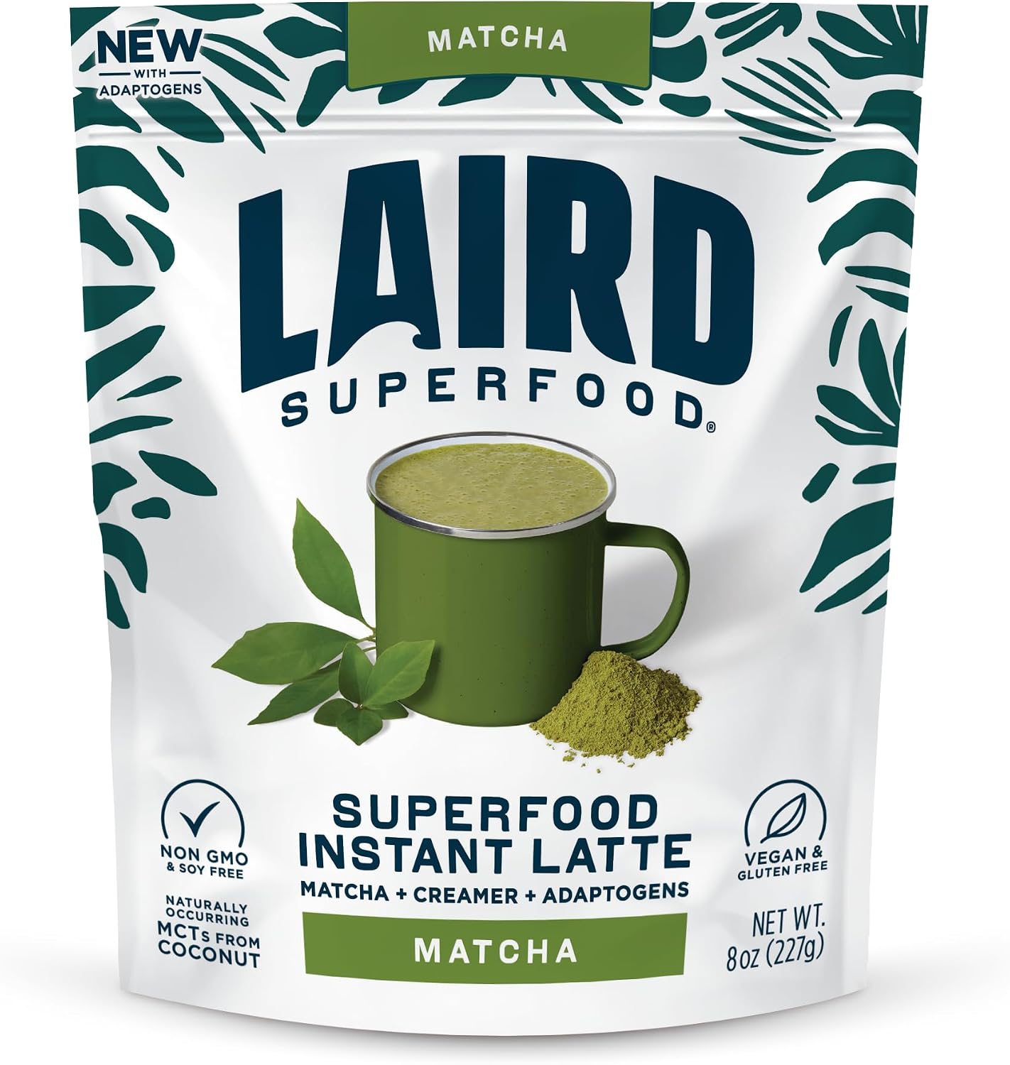 Laird Superfood Matcha Instant Latte with Adaptogens - Matcha Latte Green Tea Powder Packed with Antioxidants and Superfood Coconut Creamer - Gluten Free, Non-GMO, Vegan, 8 oz. Bag, Pack of 1