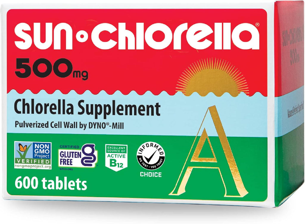 Sun Chlorella 500mg Whole Body Wellness Green Algae Superfood Supplement - Immune Defense, Gut Health, Natural Purification, Energy Boost - Chlorophyll, B12, Iron, Protein - Non-GMO - 600 Tablets