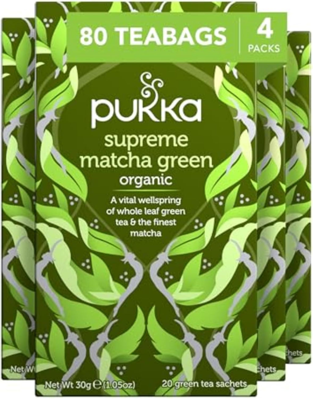 Pukka Supreme Matcha Green Organic Herbal Tea, Energizing Infusion With Matcha Powder, Ideal For Daily Vitality, Caffeine Free, 80 Total Tea Bags (20ct - Pack of 4)
