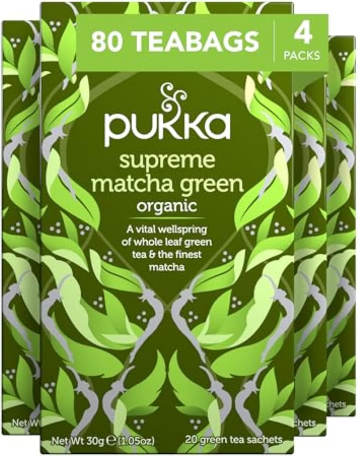 Pukka Supreme Matcha Green Organic Herbal Tea, Energizing Infusion With Matcha Powder, Ideal For Daily Vitality, Caffeine Free, 80 Total Tea Bags (20ct - Pack of 4)