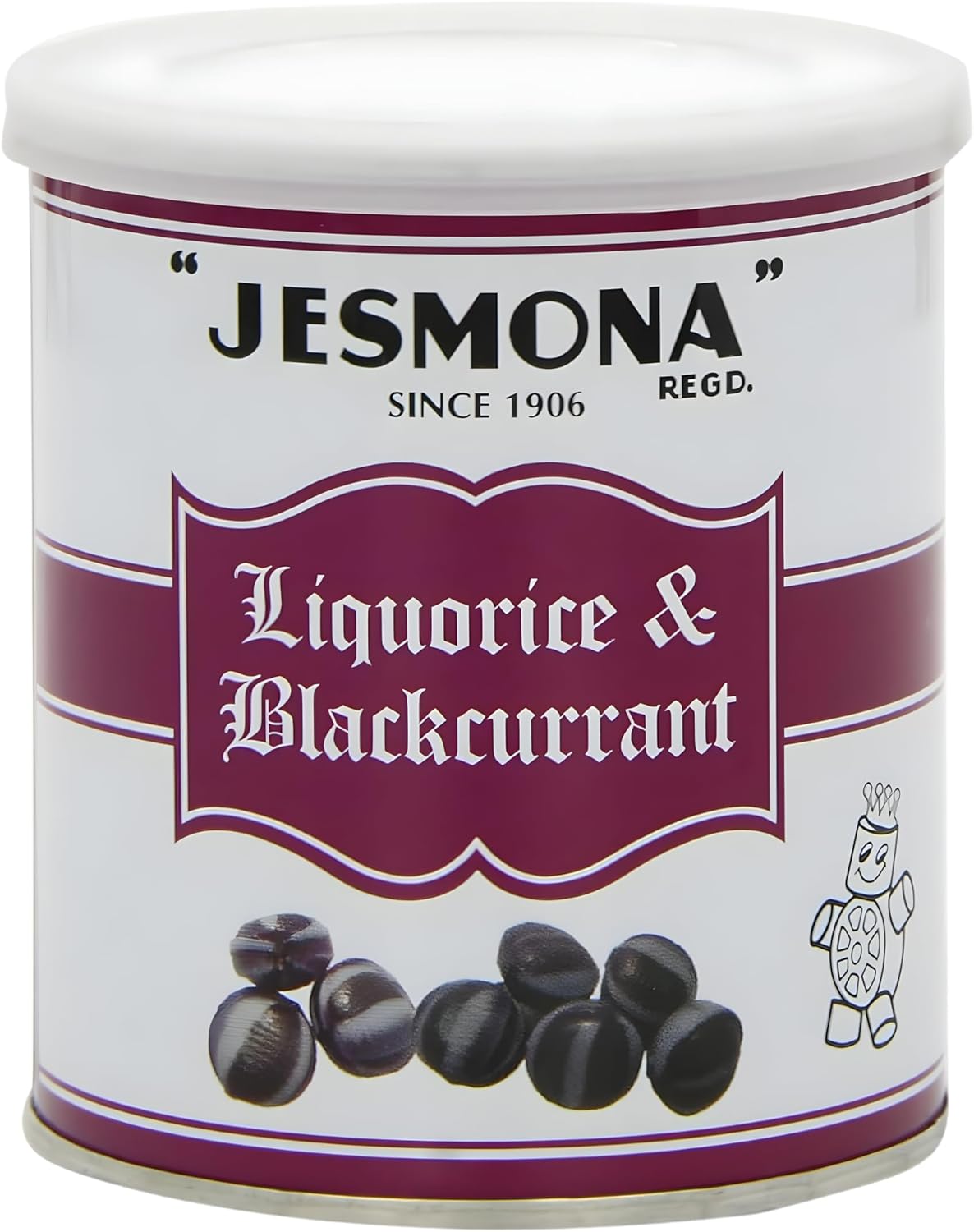 Jesmona Liquorice & Blackcurrant Candy - British Hard Candy 250g (8.8 Oz) Round Gift Tin, Traditional Licorice Balls, Old Fashioned English Hard Boiled Sweets, Imported Confectionery from England