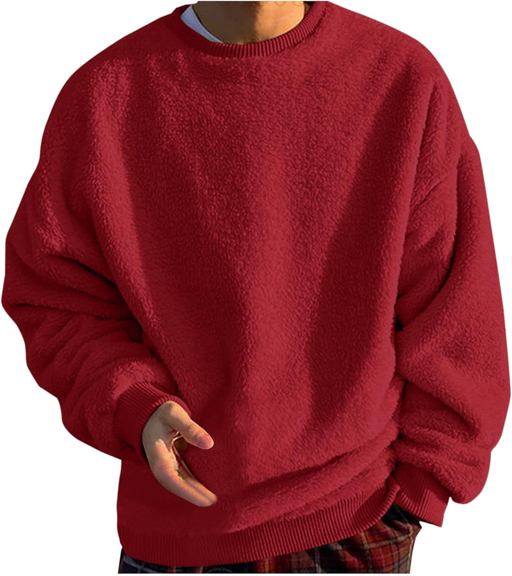 Mens Fleece Sherpa Crewneck Sweatshirts Loose Fluffy Fuzzy Pullover Sweaters Long Sleeve Unisex Fall Winter Warm Tops