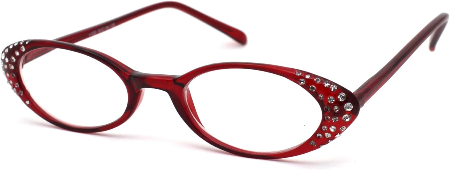 Womens Rhinestone Studded Oval Cat Eye Reading Glasses with Hard Case