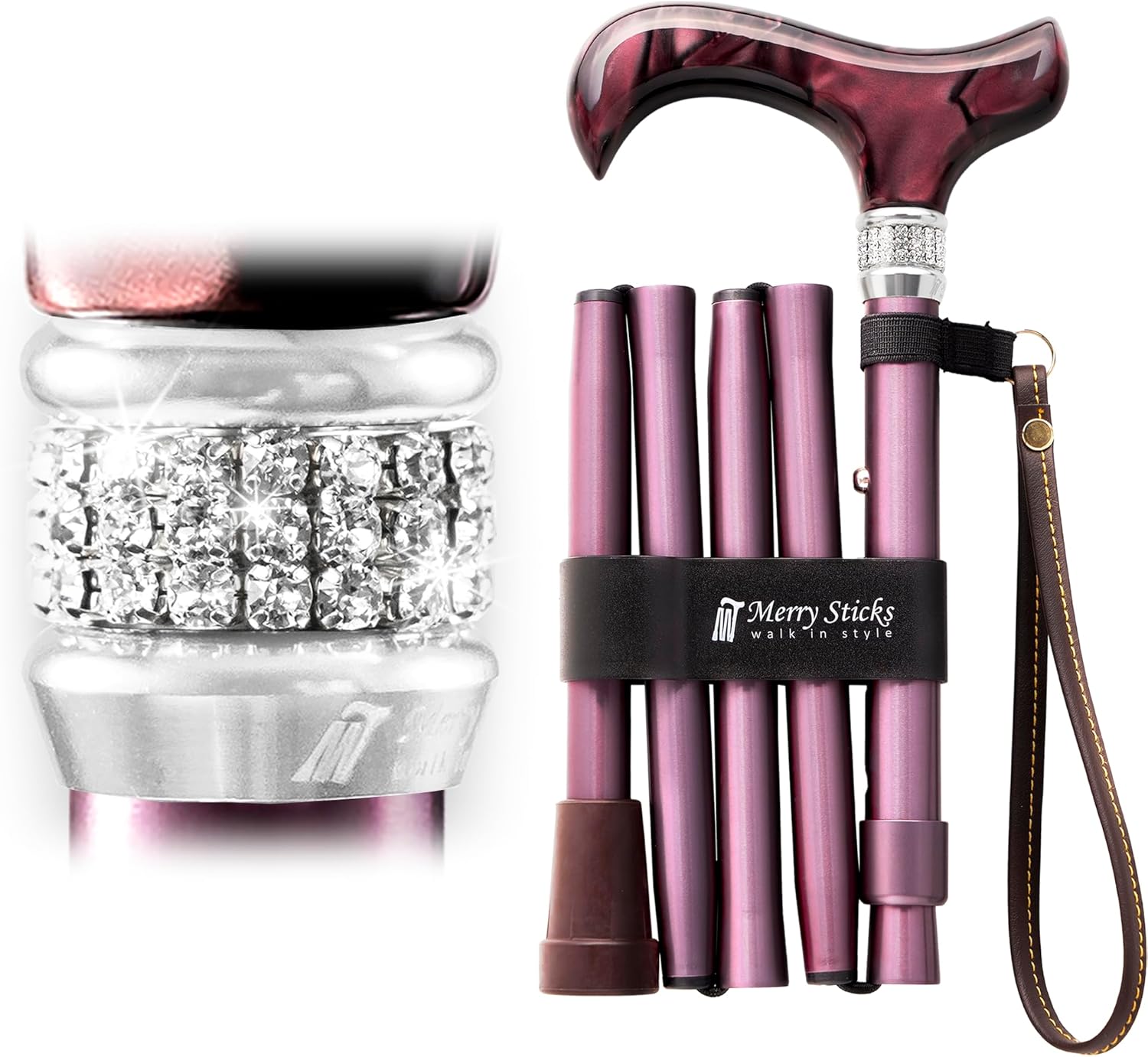 Merry Sticks Designer Foldable Walking Canes with Finest European Crystals, Folding Cane for Women and Men, Adjustable & Collapsible Walking Stick for Senior, Stylish Rhinestone Gift - Royal Burgundy