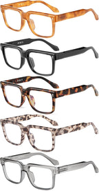 JM 5 Pack Reading Glasses for Women Men, Square Blue Light Blocking Computer Readers, Stylish Eyegalsses with Spring Hinges