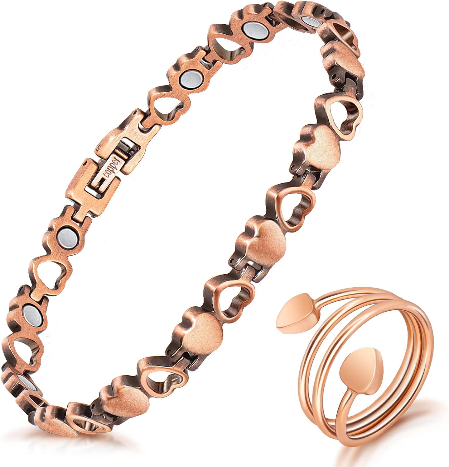 Magnetic Copper Bracelets for Women Lymph Detox Magnetic Bracelets, 100% Solid Pure Copper Bracelet with 3500 Gauss Magnets & Lymphatic Drainage Ring with Adjustment Tool