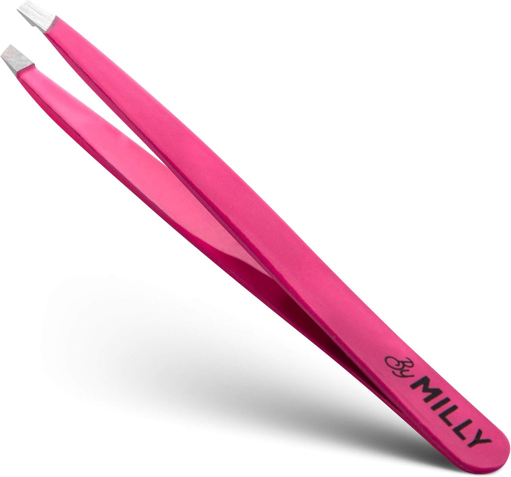Professional Slanted Tweezers for Women and Men | High Carbon Stainless Steel Sharp Tweezer | Tweezers for Women Facial Hair Plucking, Hand-Filed & Aligned Precision Slant Tips - Pink