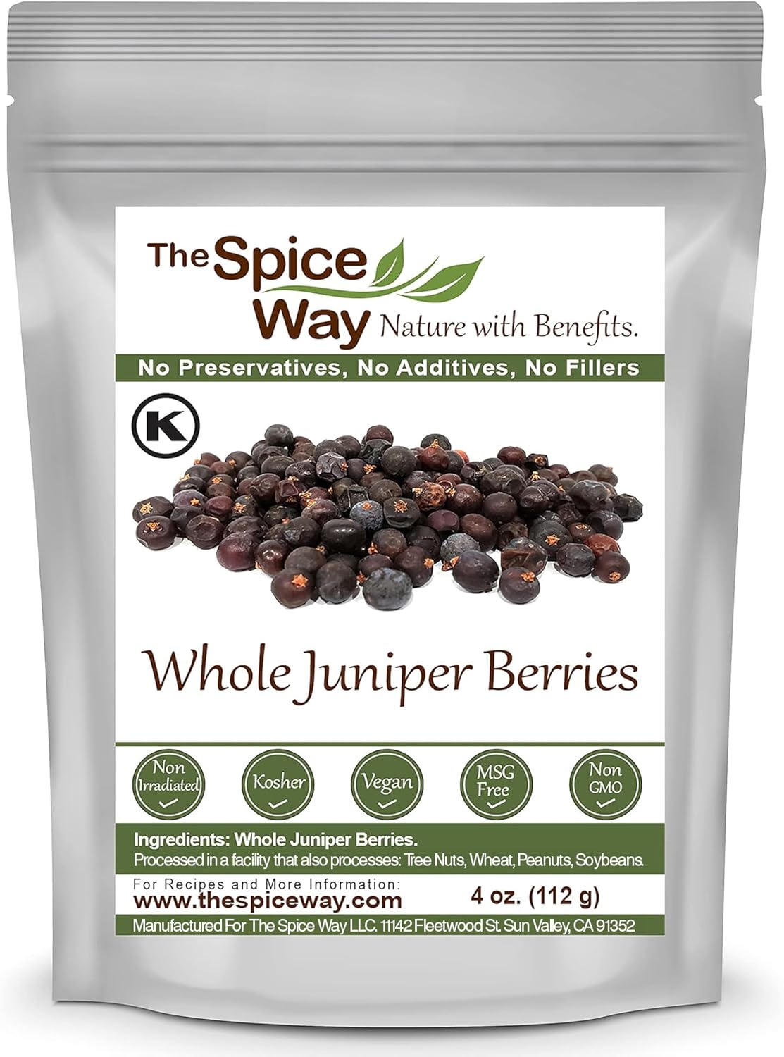 The Spice Way Juniper Berries - Whole berries, pure, no additives, Non-GMO, no preservatives, (4 oz) great for cooking and for spicing tea, syrup, meat, beef, turkey, soups and more. resealable bag