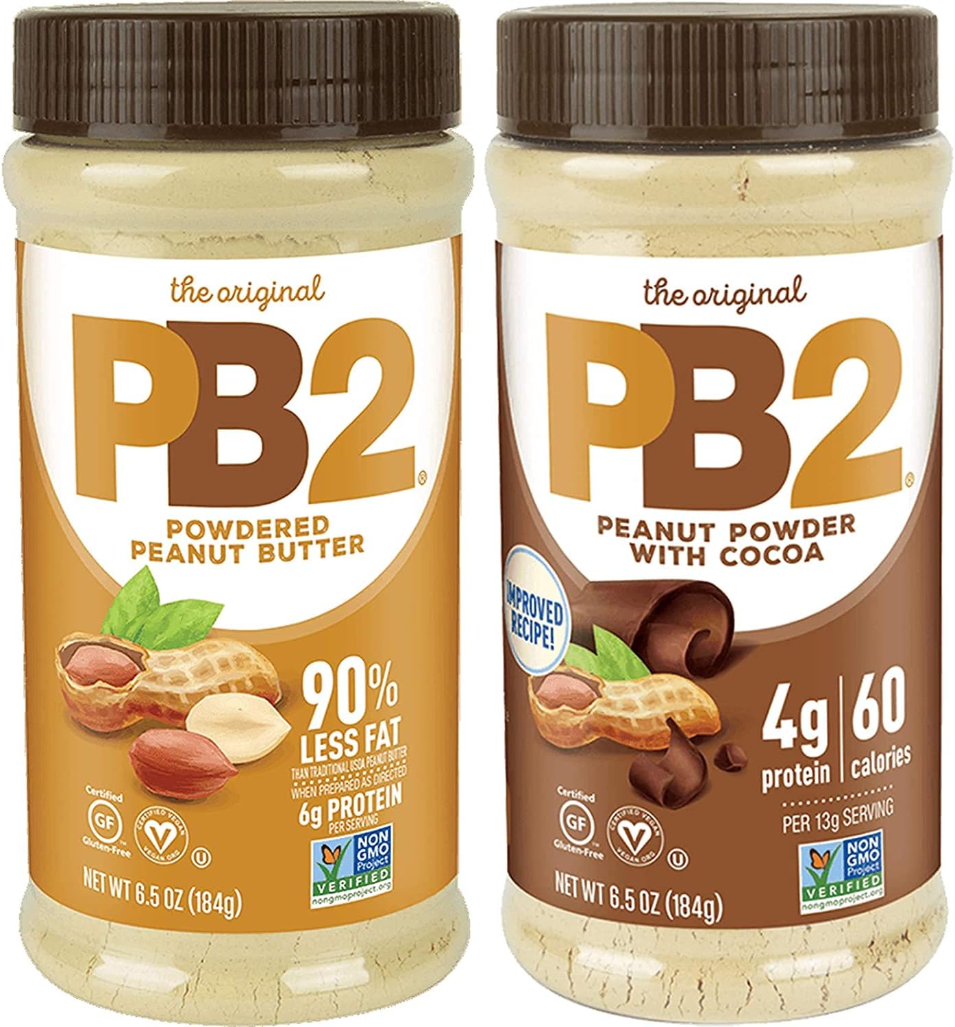 PB2 Powdered Peanut Butter Bundle, Keto Diet, Gluten Free, Mix in Protein Shakes & Smoothies, Low Carb, Original Peanut Butter & Peanut Butter Cocoa Flavors (2 Jars - 6.5 Oz Each)