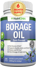 Borage Oil - 1000 mg - 180 Softgels - Cold Pressed High GLA Borage Seed Oil - Hexane and PA Free - Great for Skin, Hair and Bones.
