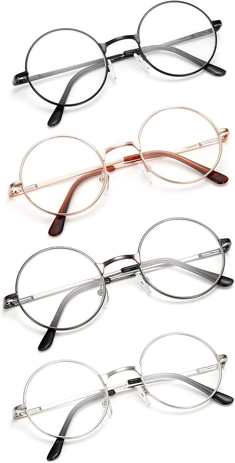4 Pack Reading Glasses for Women Men Retro Round Metal Frame + Glasses Strap