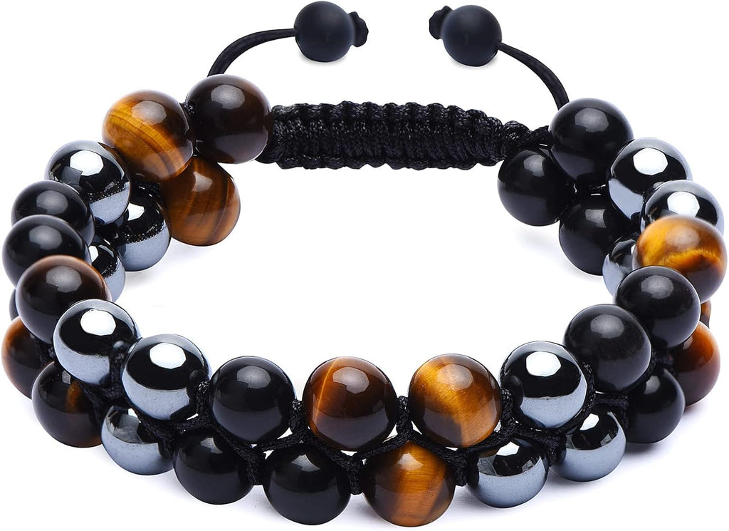 Healing Crystals Tigers Eye Black Obsidian Hematite 8mm Stone Beads Good Luck Triple Protection Bracelet for Men Women