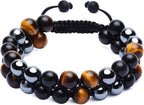 Healing Crystals Tigers Eye Black Obsidian Hematite 8mm Stone Beads Good Luck Triple Protection Bracelet for Men Women