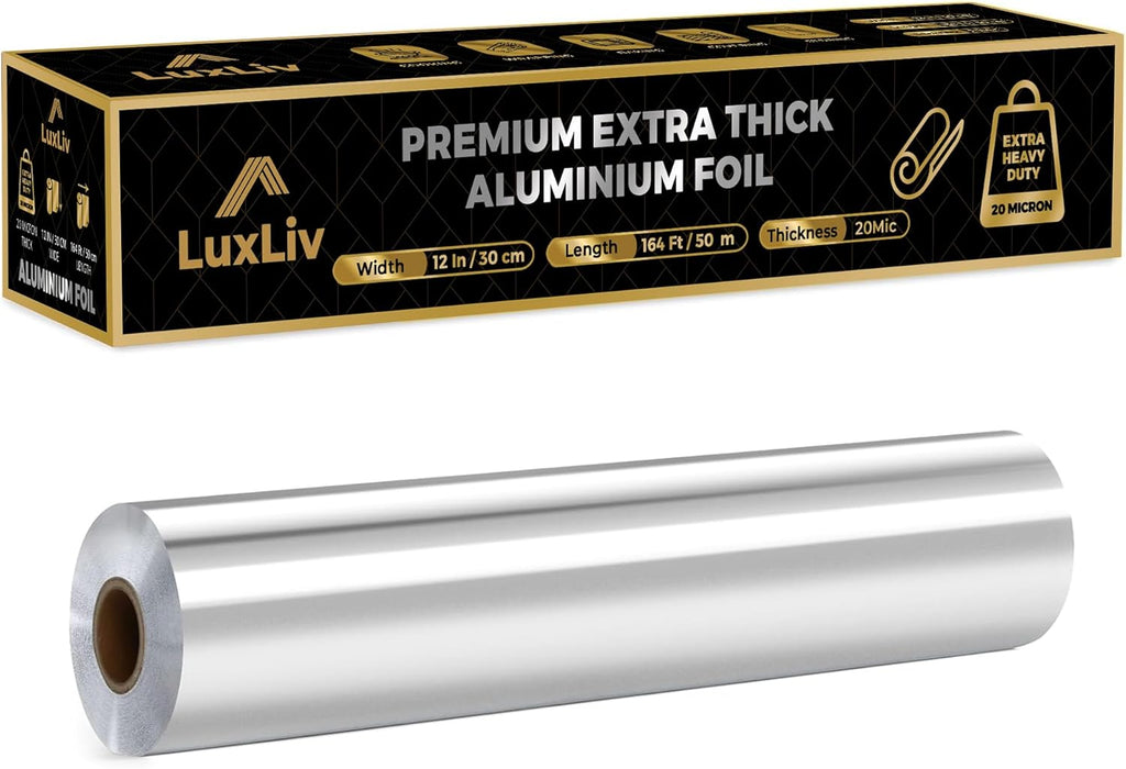 Aluminum Heavy Duty Tin Foil Roll – 12 inch wide x164 ft Length,161 sq ft – Commercial Grade & Extra Thick, Strong Enough for Food Service Industry with cutter - LuxLiv®