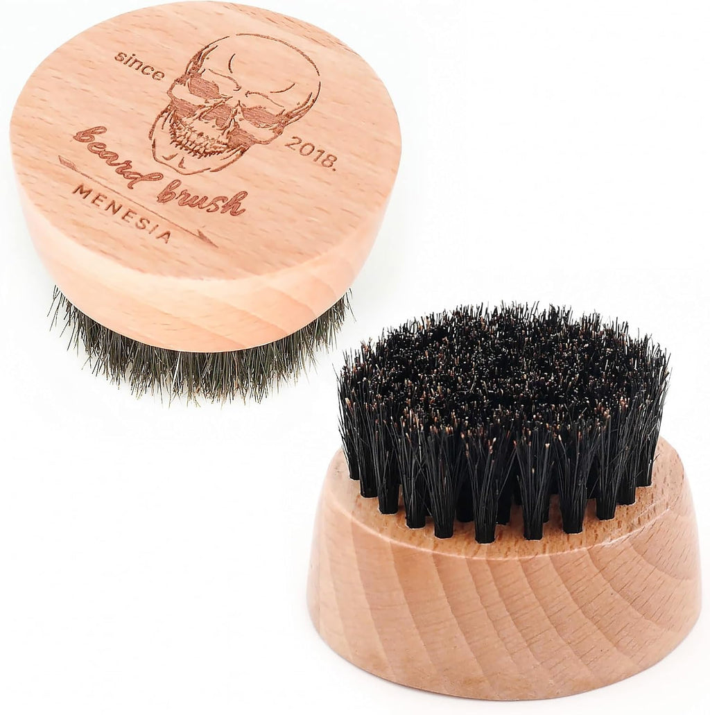 Small and Round Beard Brush, Pocket Travel Men's Wooden Boar Bristle Hair Beard Mustache Brush for Men (Skull)