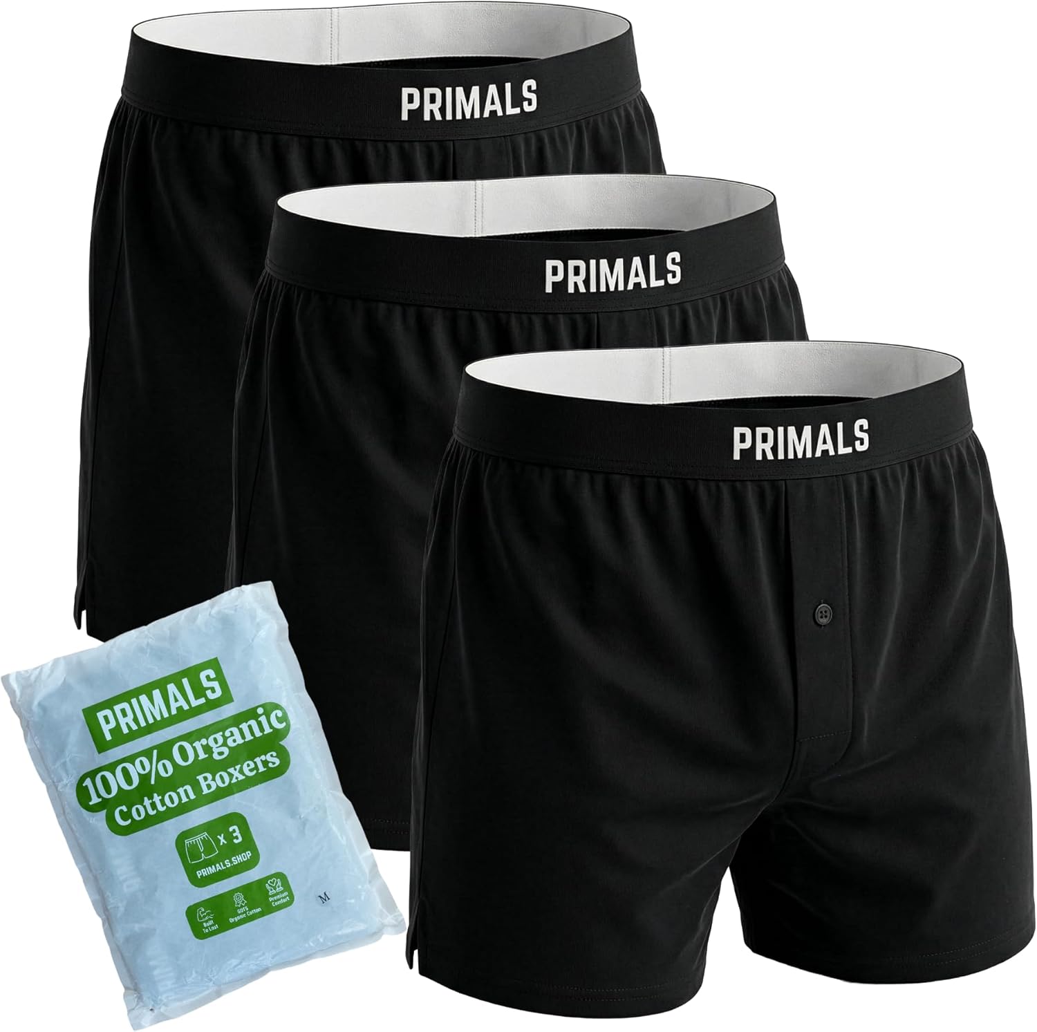 PRIMALS 100% Organic Cotton Boxers - Improves Testosterone & Fertility - Soft & Breathable - Midnight Black (3 Pack)