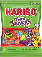 Haribo of America Twin Snakes Gummi Candy, Assorted Sweet and Sour Flavors, 5 Ounce