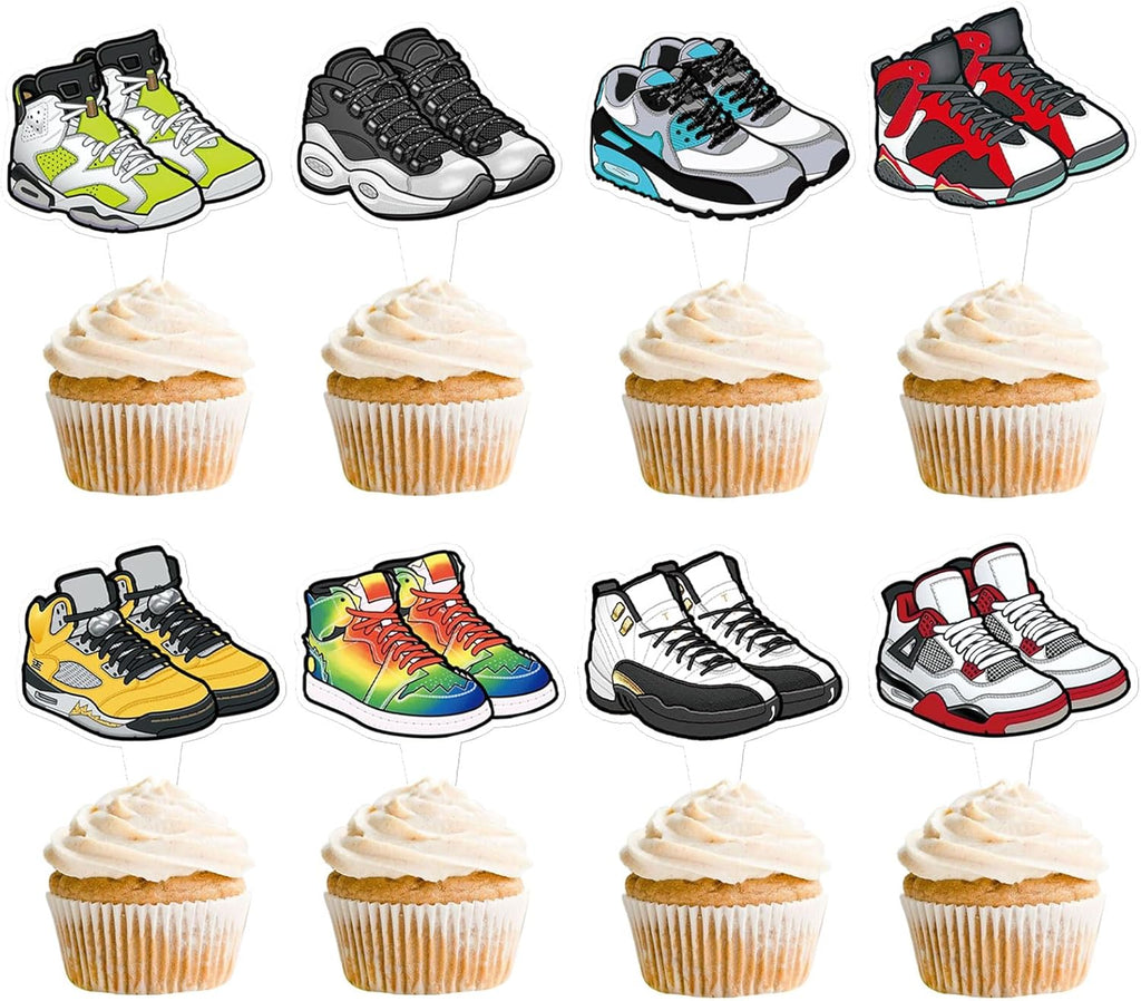 32Pcs Double-sided Sneaker Birthday Cupcake Toppers Multi-Styles Popular Sneakers Cupcake Picks for Sneaker Party Sport Shoes Baby Shower Kids Sport Boys Funny Birthday Party Cupcake Cake Decorations