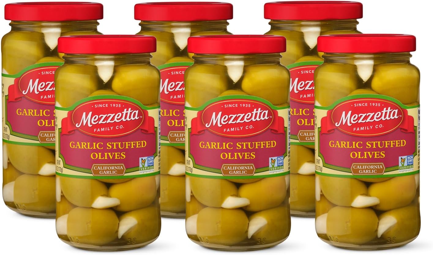 Mezzetta Garlic Stuffed Olives - Greek Green Olives with Fresh Garlic from California - Savory Flavor for Grilled Steak and Appetizers - 100% Natural Gourmet Snack Non-GMO - 6 Oz Jar - Pack of 6