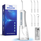 Water Dental Flosser Teeth Pick Cordless Water Teeth Cleaner 300ML Portable Oral Irrigator with 4 Modes and 6 Jet Tips IPX7 Waterproof Flossing Cleaning Machine - White