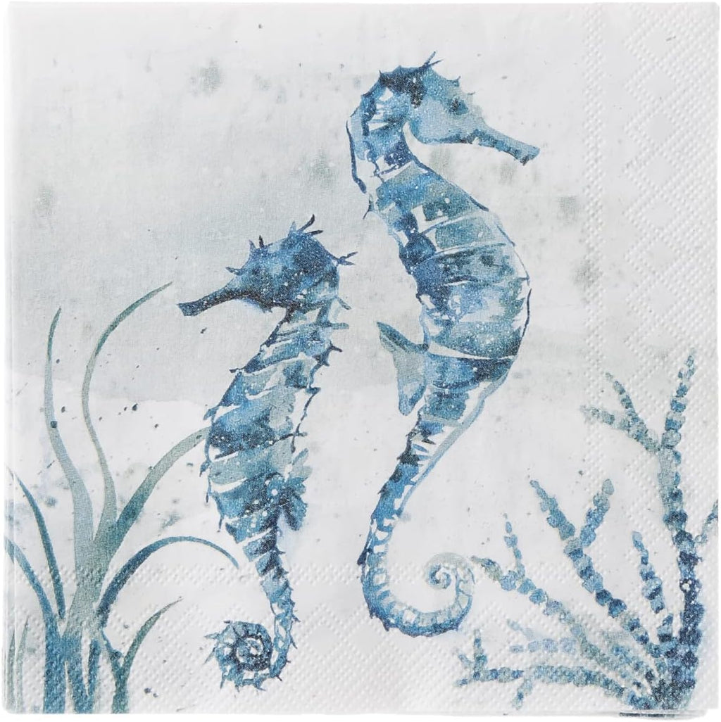 IHR Ideal Home Range Cocktail Napkins Disposable 3-Ply Paper Party Napkin Pack, 5" x 5", Aquaworld Sea Horse, 20-Count