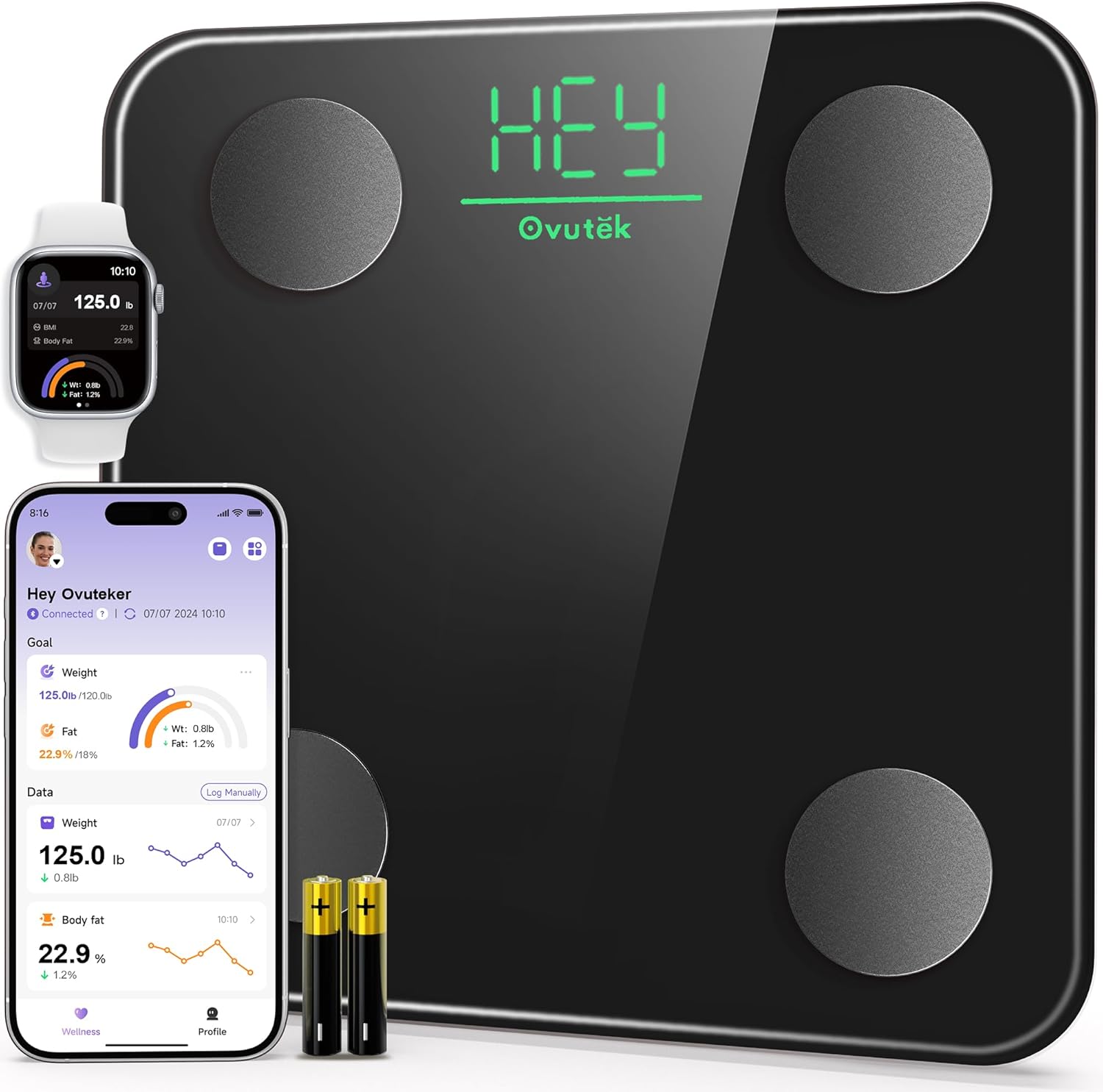 Ovutek Smart Scale for Body Weight, Digital Bathroom Scale BMI Weighing Body Fat Scale, Accurate Body Composition Scale Monitor for People's Health with Smartphone App, Compact Size, 400lb (Black)