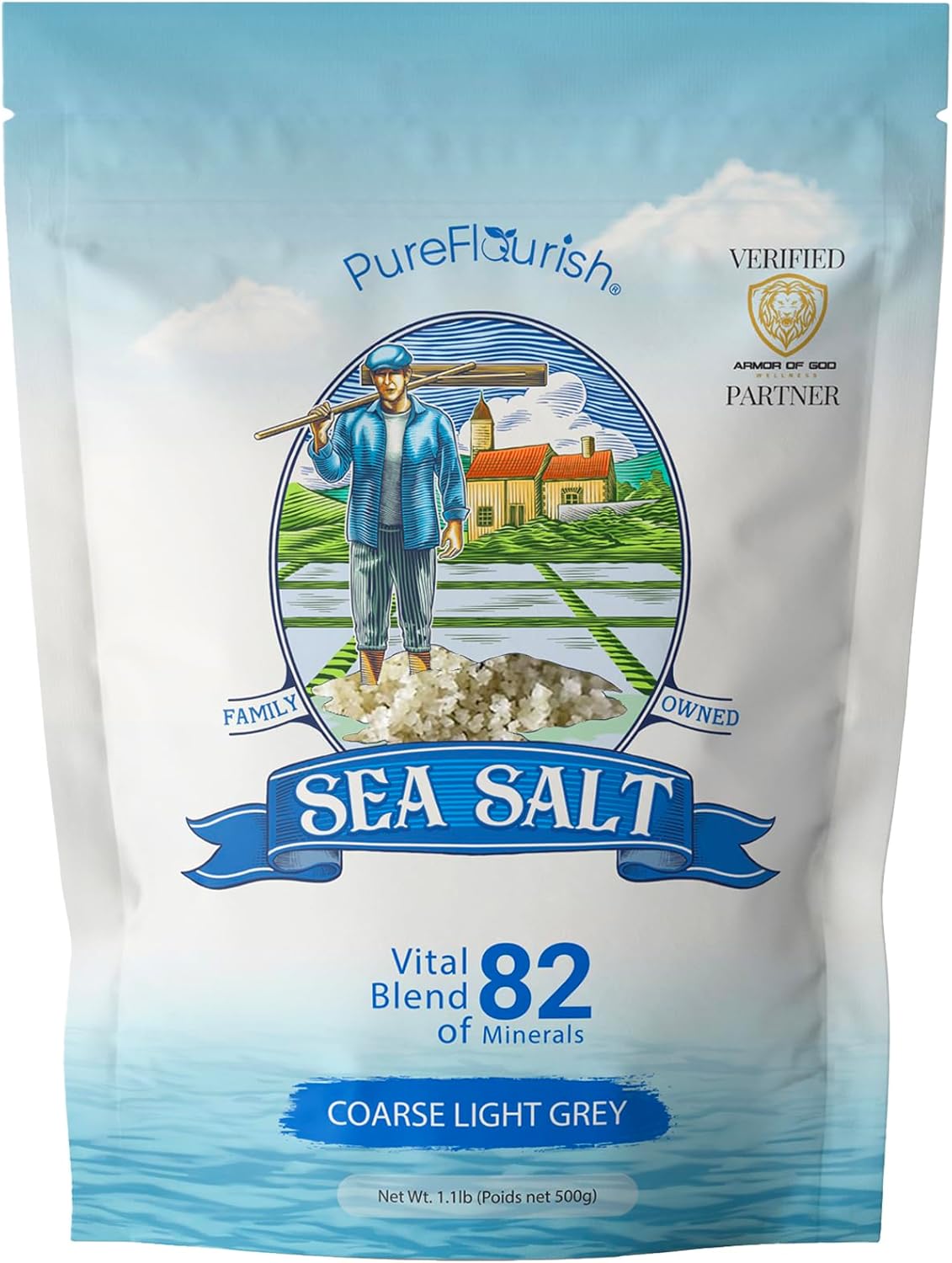 Pure Flourish Coarse Sea Salt 1.1 LB | Certified French Harvest & Import | Organic & Unrefined | Rich in 82 Essential Minerals | Hand Harvested Light Grey Coarse Salt Crystals from France