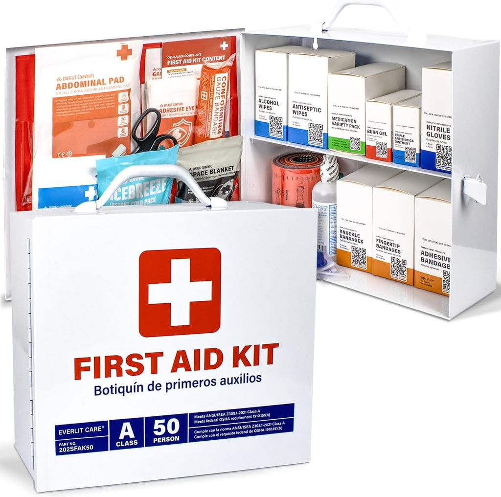 EVERLIT CARE 2-Shelf OSHA-Compliant First Aid Kit, ANSI Class A 50 Person Emergency First Aid Cabinet for Buiness, Job Site, Industrial Manufacturing Facility, Restaurant, and Kitchen