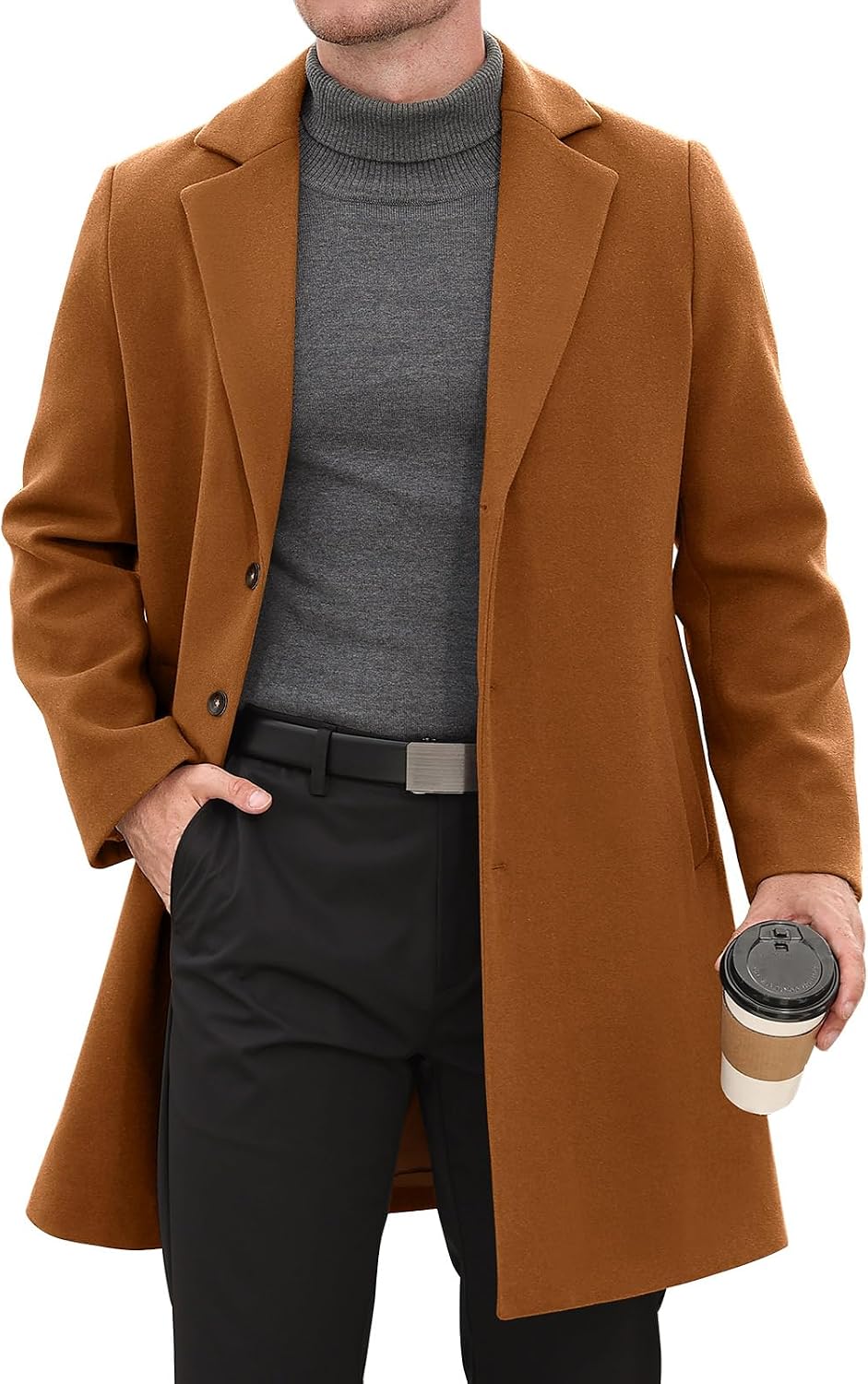 Men's Trench Coat Casual Single Breasted Long Pea Coat Notched Collar Warm Overcoat for Fall Winter with Pockets