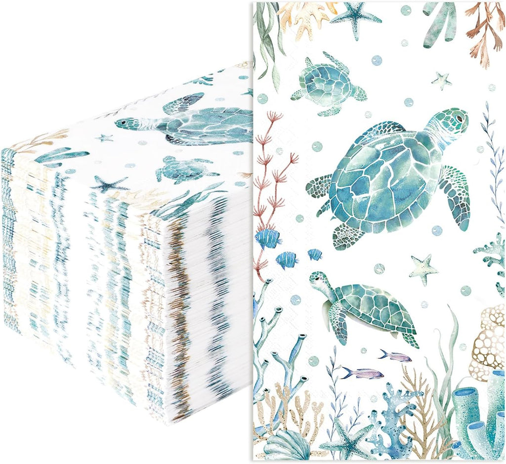 100 Pcs Coastal Turtle Paper Napkins 3 Ply Nautical Ocean Green Sea Turtles Disposable Absorbent Hand Towels Coral Starfish Guest Bathroom Napkins for Holiday Beach Summer Birthday Party Supplies