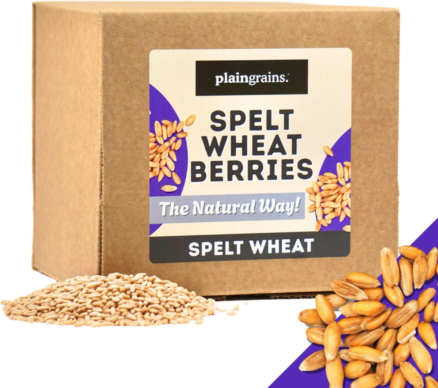 PlainGrains. The Natural Way | 5.5 LB Dry Spelt Wheat Berries | 14.5% Protein by Volume | Uncooked, Unground, Whole Grain | Single Box