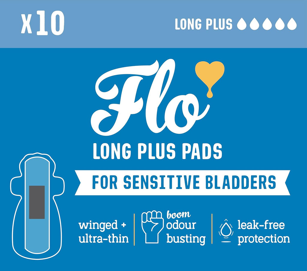 Flo - Sensitive Bladder Long Plus Pads (10 Pack) - Wrapped, Ultra-Thin - Absorbent & Breathable - Charcoal Core - Made with Organic Bamboo - Incontinence Pads for Women - Vegan & Cruelty Free