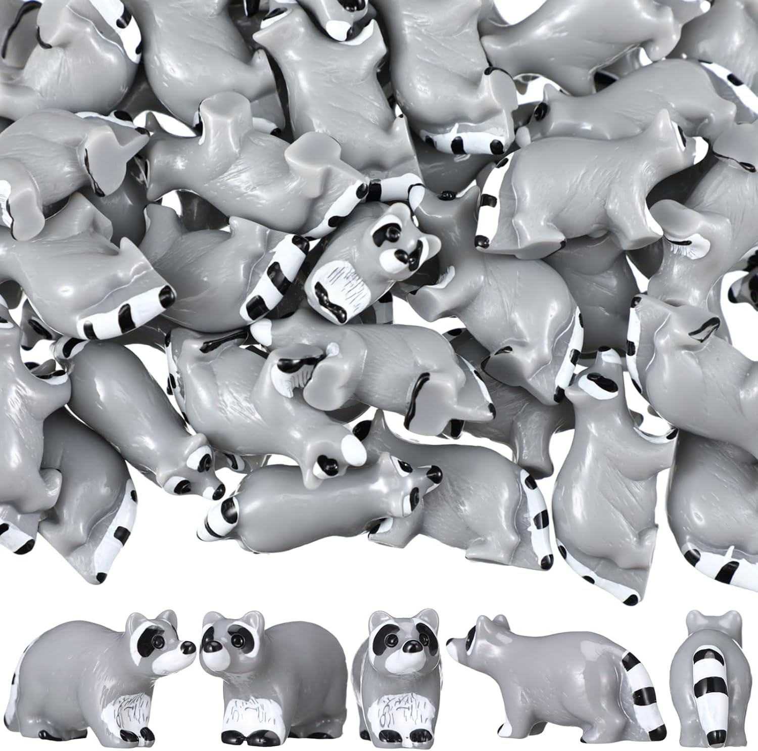50 Pcs Mini Raccoon Figurine Bulk Resin Miniature Tiny Animals Figures Small Little Cute Raccoon Home Decor for Cabin Lodge Rustic Cake Toppers Desktop Home Decor(Crawl)