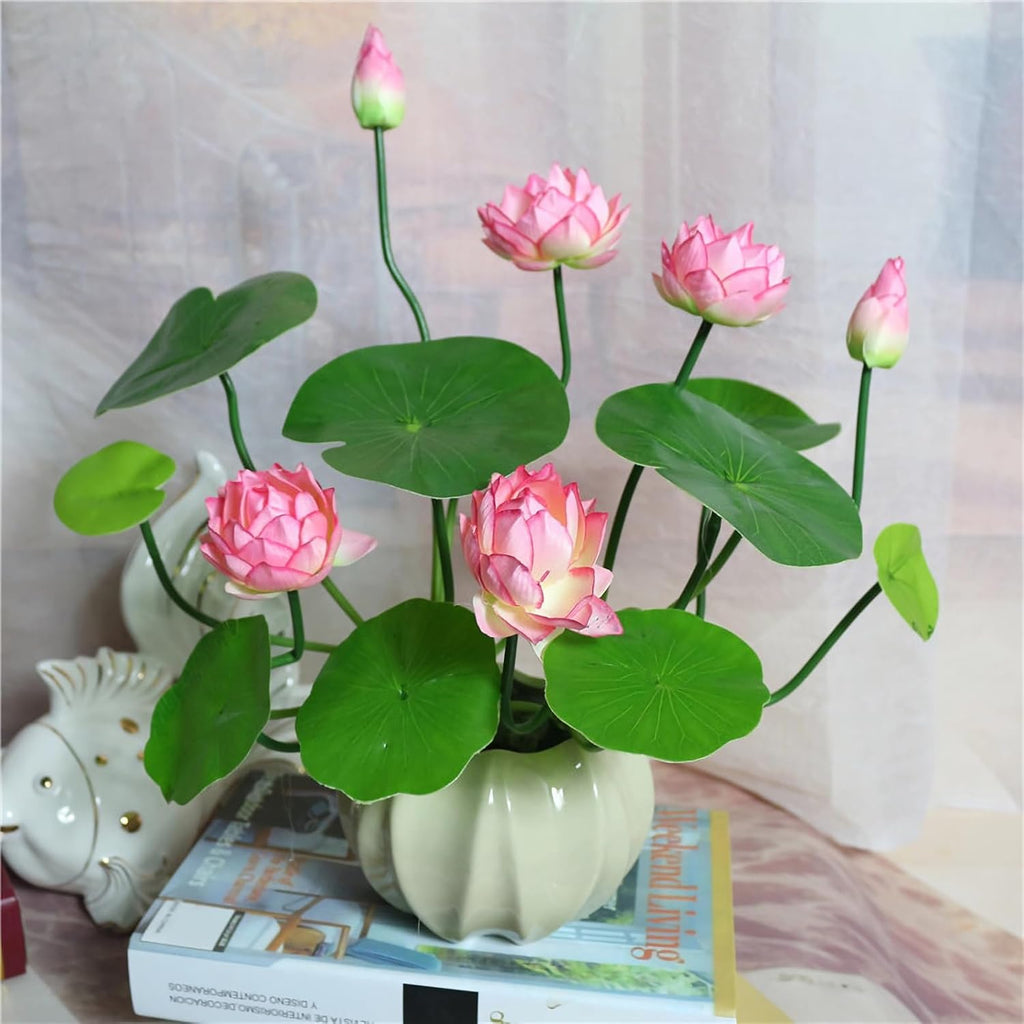 2pcs Artificial Lotus Flowers with Leaves 17" Mini Pink Fake Water Lily Bouquets for Vase Bouquet Home Office Wedding Decor.(Pink,2pcs)