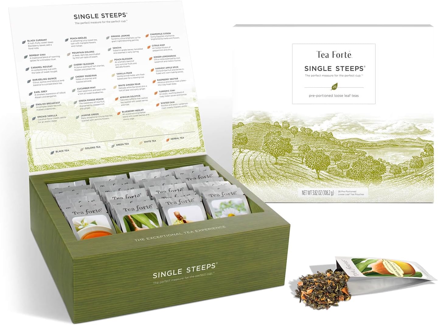 Tea Forte Single Steeps Loose Leaf Tea Sampler, Assorted Variety Tea Box, 15 Single Serve Pouches, Classic Tea