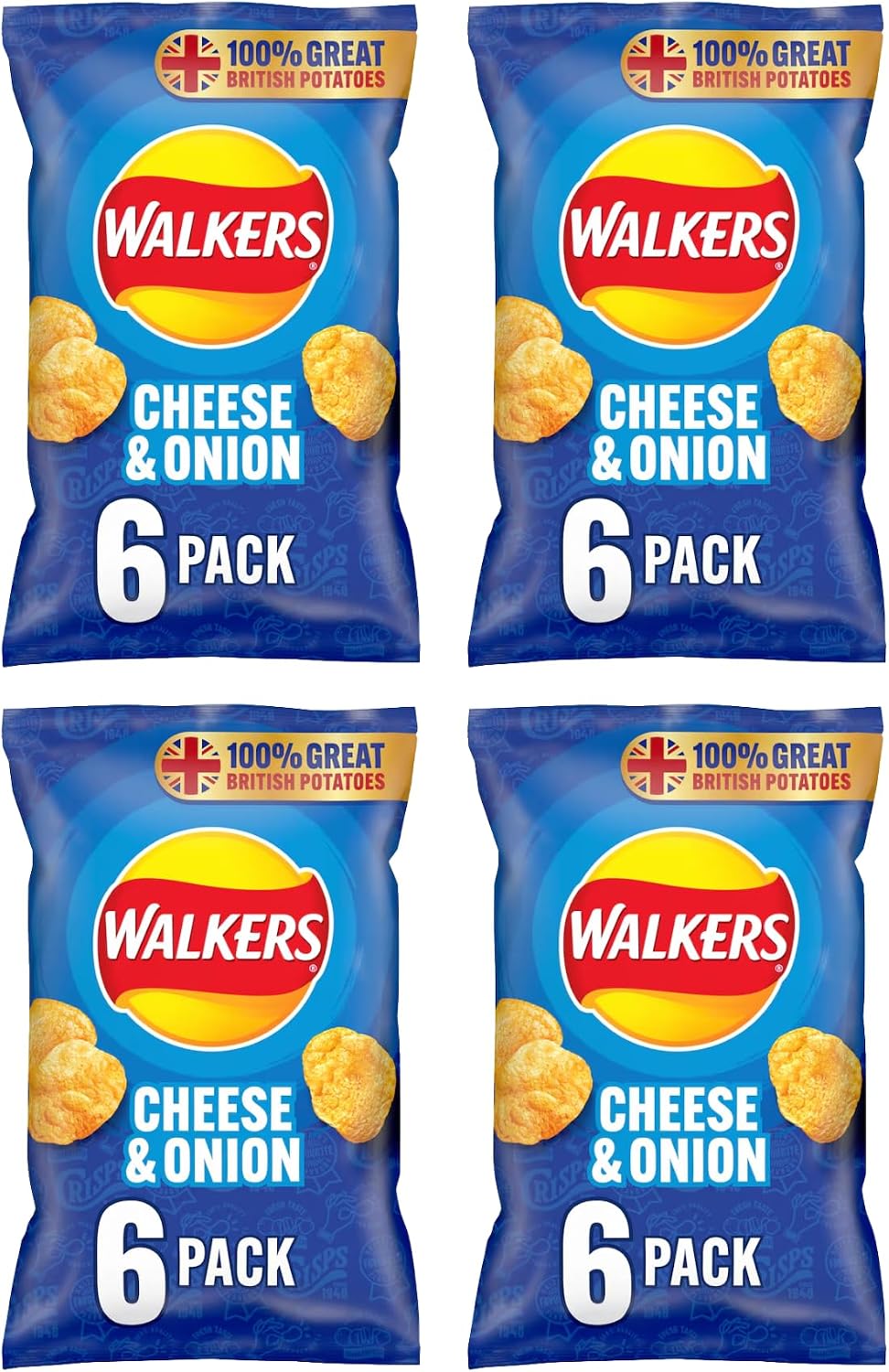 Walkers Cheese and Onion Flavored Potato Crisps, 100% British Potatoes, 6 Pack Multipack, 24 Total Bags 25g Each
